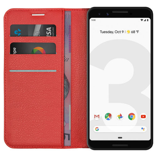 Leather Wallet Case & Card Holder Pouch for Google Pixel 3 - Red